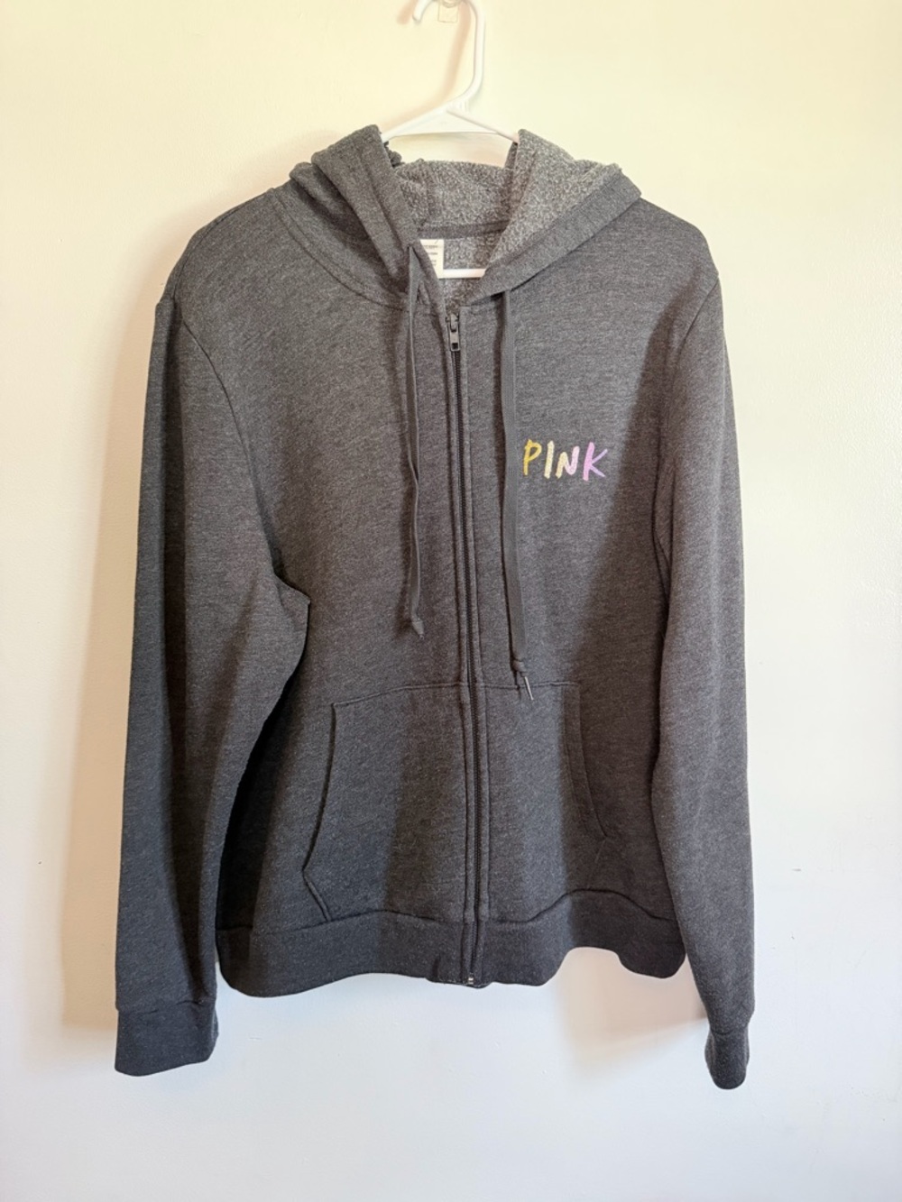 PINK Victoria's Secret Gray Zip-Up Hoodie with Pink & Yellow Logo